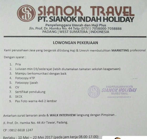 Lowongan Kerja di Padang - PT.Sianok Indah Holiday - Job 