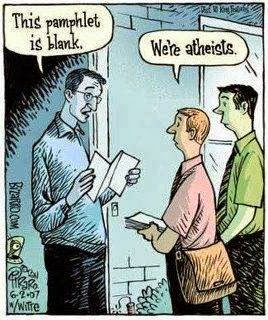 Funny religion cartoon picture - Atheist door evangelists with a blank pamphlet joke cartoon