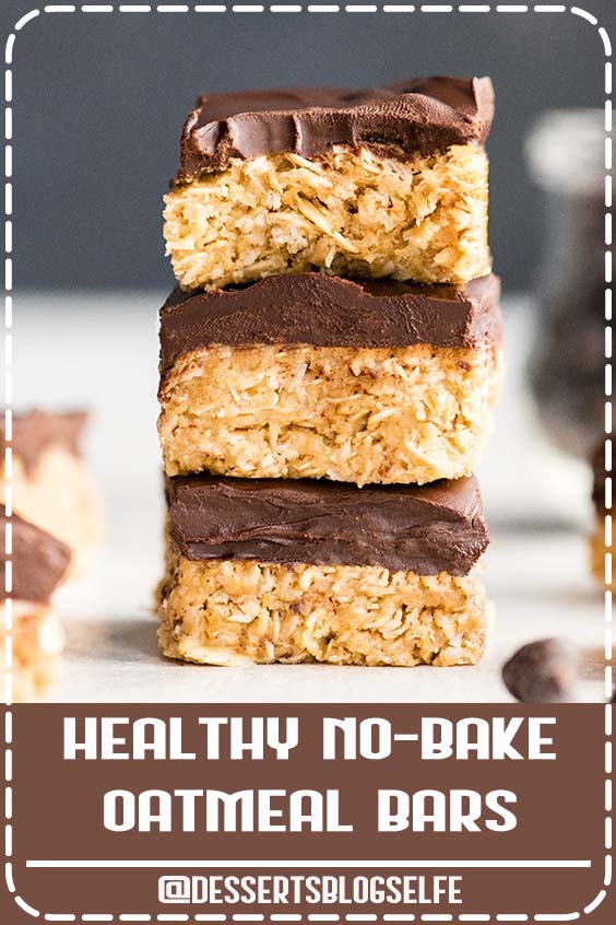 These No-Bake Oatmeal Bars with Peanut Butter & Coconut are the ultimate, easy, no-bake healthy dessert or snack! They are made in 5 minutes with 7 ingredients,  and are gluten and dairy-free! Plus they have no refined sugar and are vegan-friendly! #DessertsBlogSelfe #peanutbutterbars #oatmealbars #nobake #healthydessert #nobakecookies #coconut #peanutbutter #chocolate #HealthyDesserts