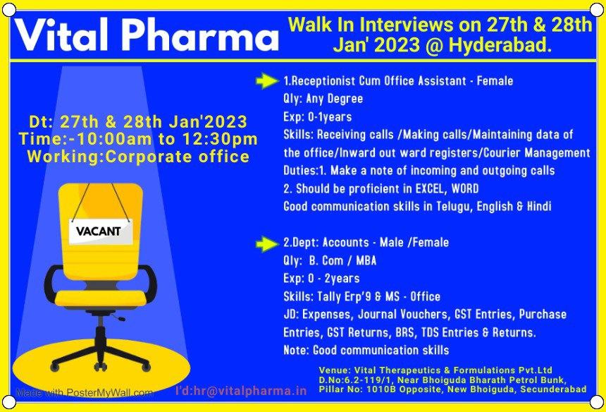 Job Availables, Vital Pharma Walk In Interview For Fresher For Receptionist/ Accounts Department