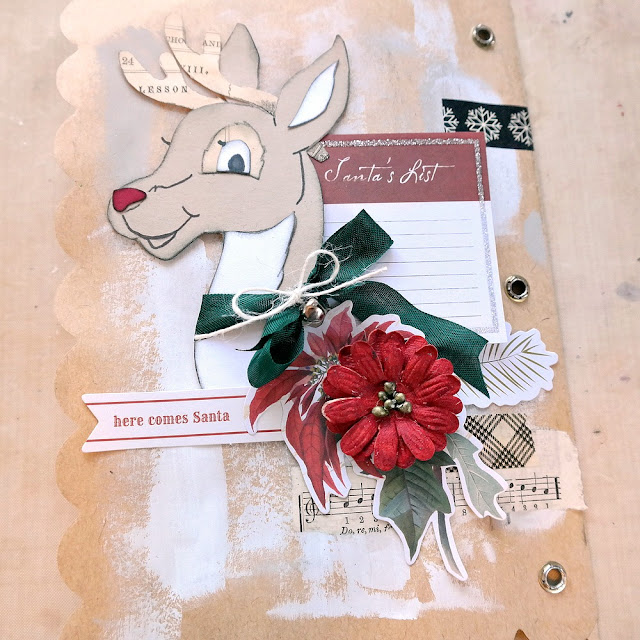 Paper Pieced Rudolph Embellishment on a Mixed Media Christmas Art Journal Page