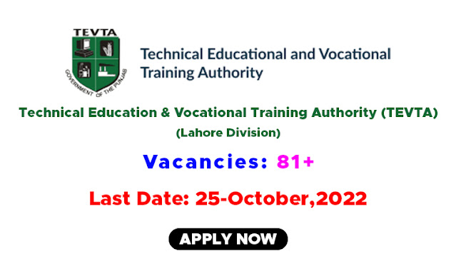 Technical Education & Vocational Training Authority (TEVTA) Lahore Division Latest Jobs October 2022