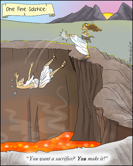 the edge of a caldera atop a volcano. deep in the pit bright red lava bubbles and steams. the sun is just rising.  a woman in a white ceremonial dress, her arms tied behind her back, has just kicked a man, also in white ceremonial garb, into the crater. he falls screaming in fear towards the lava as the woman shouts, "you want a sacrifice? YOU make it!"