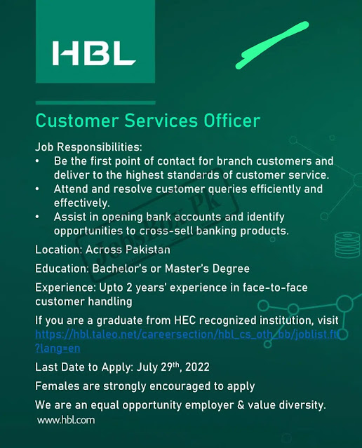 HBL 2022 Jobs All Over Pakistan || Online Apply