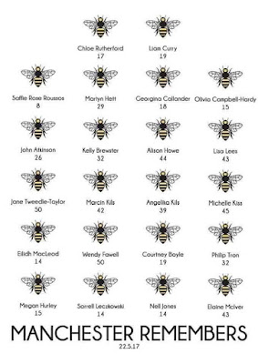 The 22 victims of the Manchester arena bomb, depicted as bees, with names.