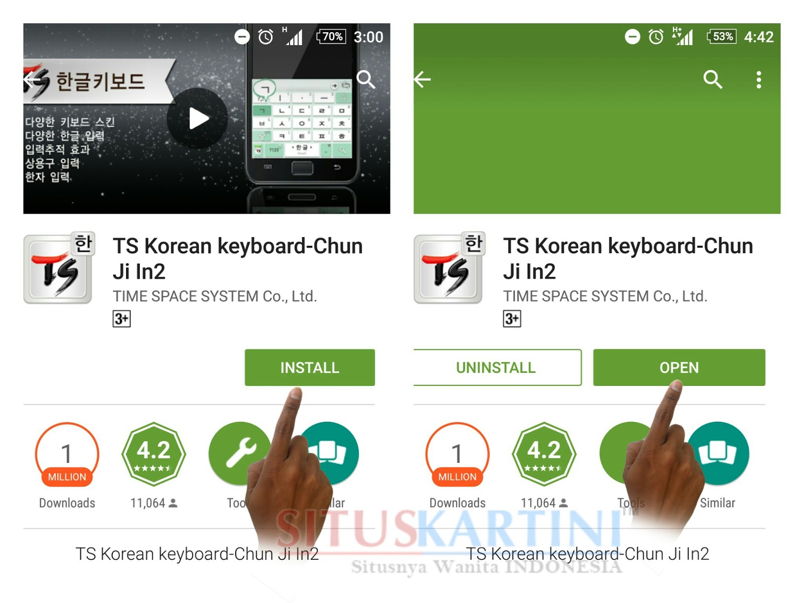 Install Aplikasi Ts korean Keyboard di Google Play atau Play Store dengan Keyword " Ts Korean Keyboard" setelah selesai di Install klik "OPEN"