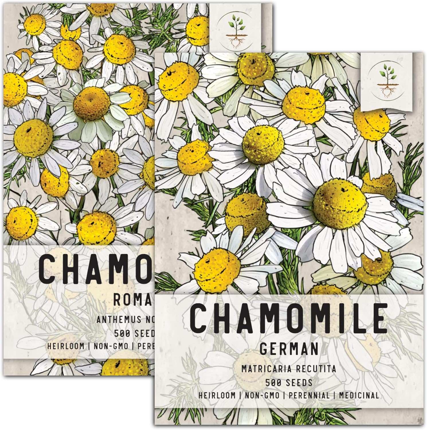 Purchase this chamomile duo, which includes 2 individual packets, containing 500 seeds each. Roman Chamomile and German Chamomile are included. The plants will thrive in any herb garden, producing white flowers, surrounding a golden yellow center. Chamomile herbs are most popularly grown for their use in teas. The plants are not only edible, but also make an attractive flower as well. They will attract all sorts of beneficial insects to the garden through the late Spring and summer Months. Categorized as a perennial, Chamomile plants will return yearly after all danger of frost has passed.