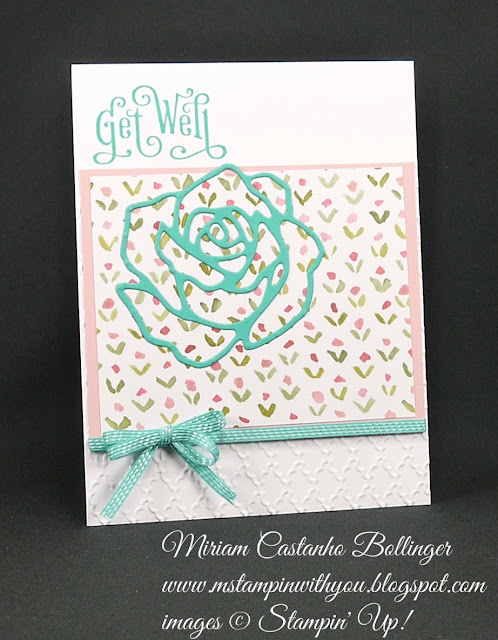 Miriam Castanho-Bollinger, #mstampinwithyou, stampin up, demonstrator, ccmc, get well, english garden dsp, perfectly penned, big shot, rose garden thinlits, 1/8" ribbon, fancy fan tief, su