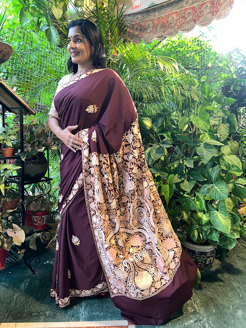 Wine colour kashmiri aari work saree