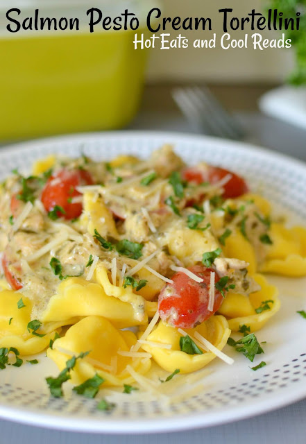 Salmon Pesto Cream Tortellini Recipe from Hot Eats and Cool Reads! Dinner is ready in less than 20 minutes with this creamy and cheesy pasta recipe! The flavors come from lemon zest, tomatoes and delicious parmesan cheese! This is sure to be a new favorite comfort food!