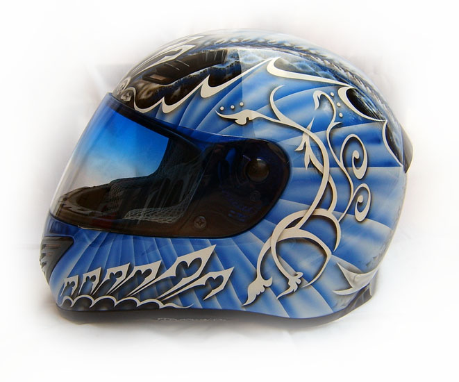 Blue skull airbrushed designs on sport helmet 3