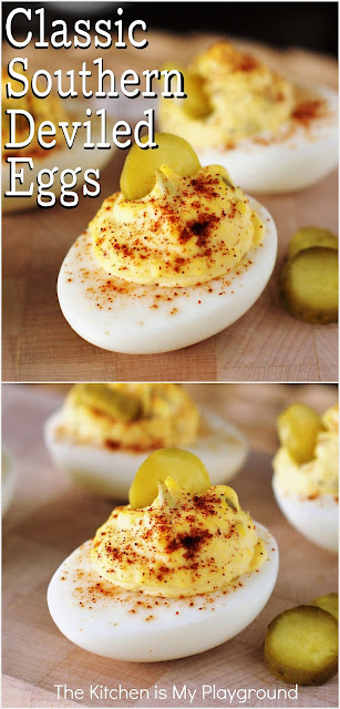 Classic Southern Deviled Eggs ~ Creamy & full of flavor, these are always a potluck and party favorite! This Southern classic is perfect for any occasion.  www.thekitchenismyplayground.com