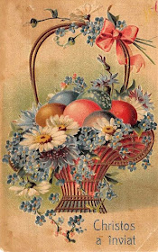 felicitare Paste vintage Romania Christos a inviat cos cu flori si oua