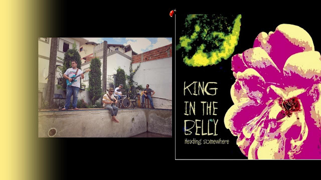 Fotomontagem com a banda King in the Belly e a capa do disco