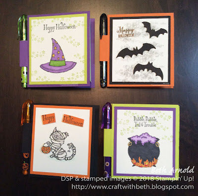 Craft with Beth: Stampin' Up! Halloween Post It Note Holder with Mini Pen Sticky Note 3D Bat Punch Cauldron Bubble Spooky Sweets Trick or Tweet 8 Weeks of Halloween nonfood Halloween treat