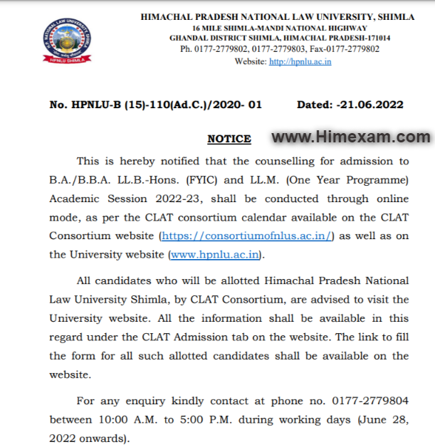 Counselling for CLAT admission 2022-23-HPNLU Shimla