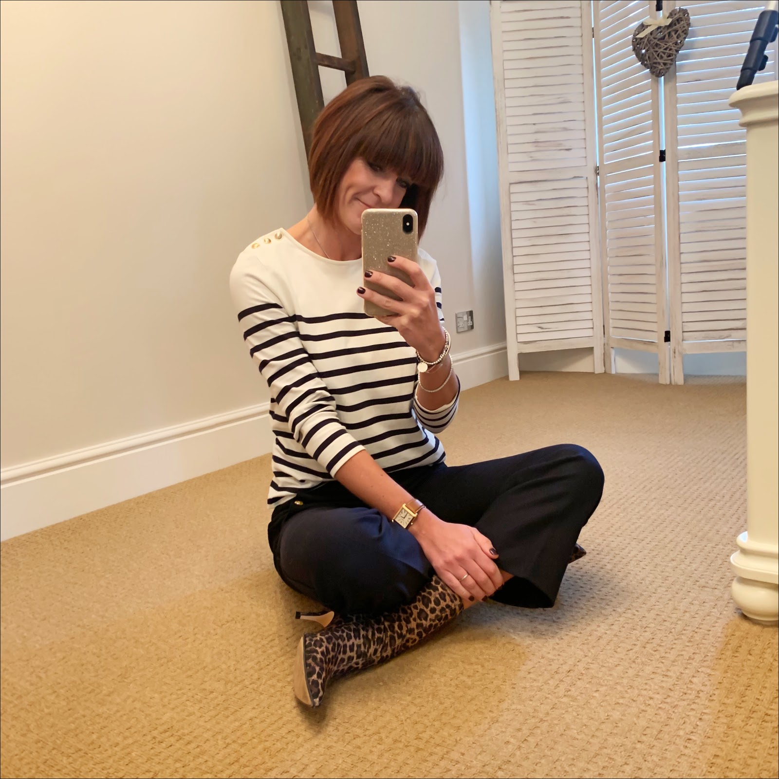 my midlife fashion, sezane breton top with gold button detailing, j crew cropped kick flare sailor trousers, zara leopard print sock boots