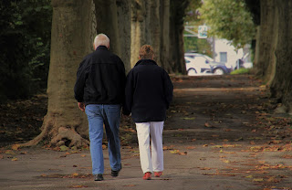 Two elderly people walking hand in hand.