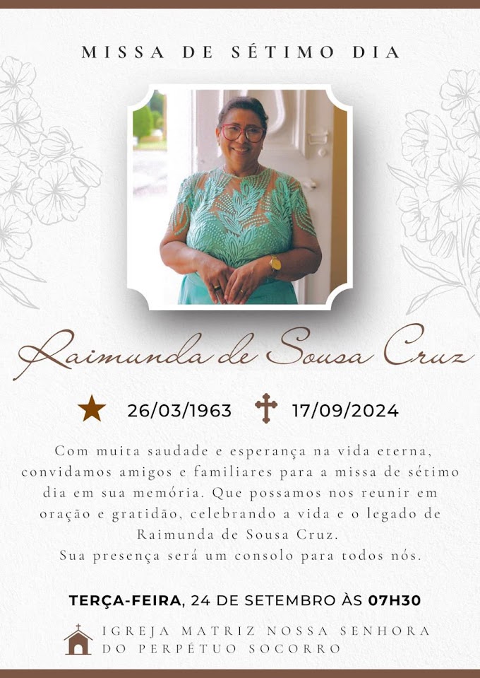 Convite: Visita e Missa alusiva ao 7º dia de saudades de Pretinha em Cocal-PI