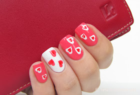 white and red Heart design, Nail art design!