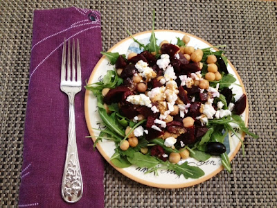 beet salad with chickpeas, feta, olives and cumin vinaigrette