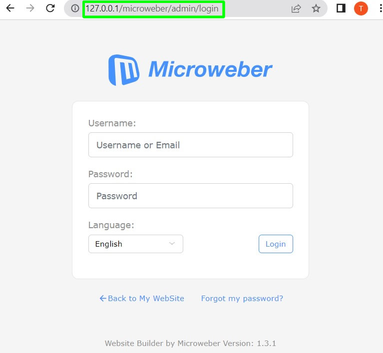 sample microweber admin login page