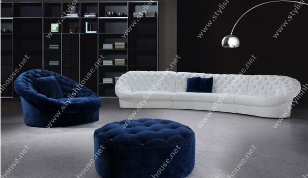 long white 3 pieces sofa, a blue ottoman and a blue loveseat