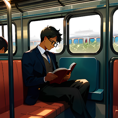 a smart man is sitting and reading a book in a train