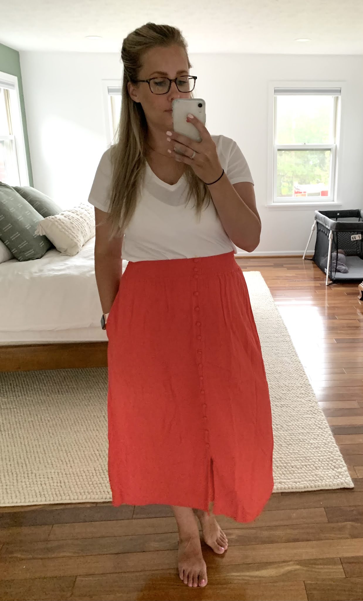 Smocked-Waist Button-Front Midi Skirt