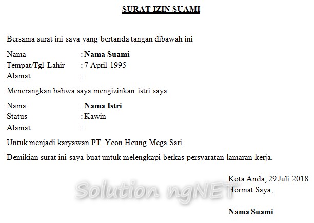 Contoh Surat Izin Kerja Suami Contoh Surat