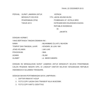 Contoh Surat Lamaran Kerja CPNS Kejaksaan Agung