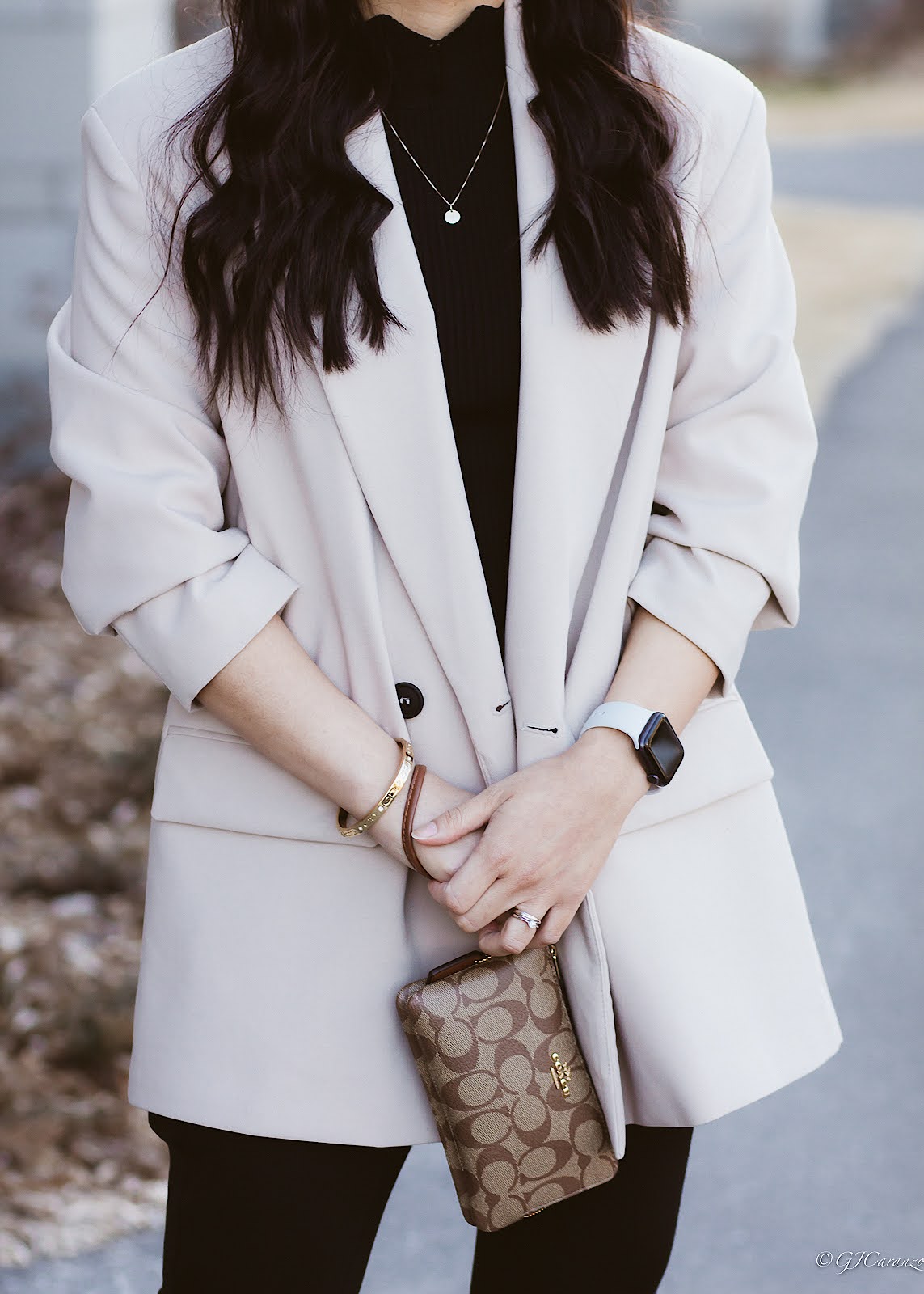Zara Oversized Blazer_Tights_Steve Madden Suede Booties_Gucci Sunglasses_HM Hat_Coach Wrislet_Petite Fashion_Spring Outfit_Neutral Outfit_Chic Look