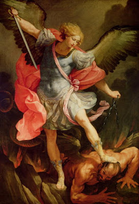 Guido Reni's archangel Michael (in the Capuchin church of Santa Maria della Concezione, Rome, 1636) tramples Satan.