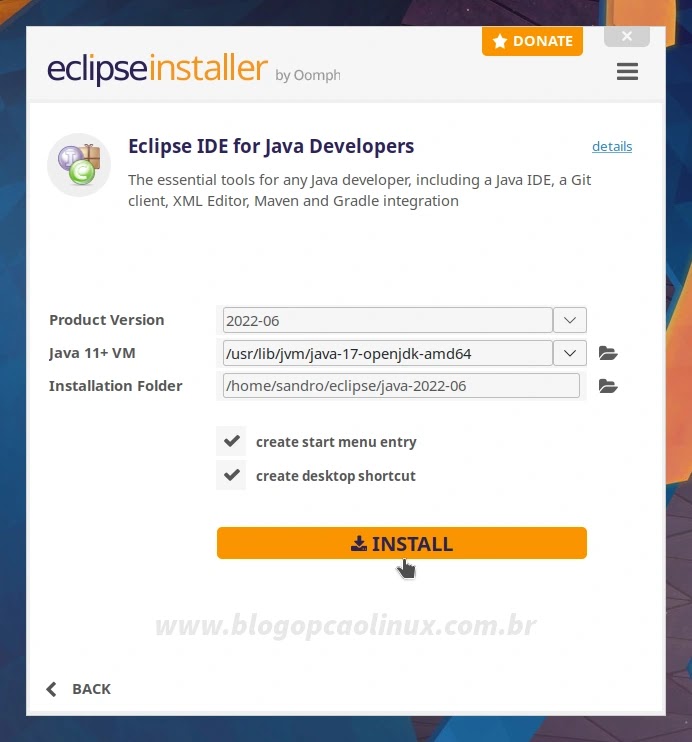 Escolha a versão do Java a ser utilizada, defina a pasta onde será instalado o Eclipse e clique em 'Install'