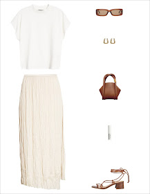A Stylish Everyday Outfit Idea for Spring and Summer 2021 — $25 white top, rectangular sunglasses, Boyy bag, Lord Jones CBD lip balm, Vince pleated skirt, lace-up sandals 