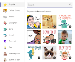 Teams 提供豐富的表情貼圖、迷因貼圖，以及Gif動態貼圖，為煩悶的上班族解解悶