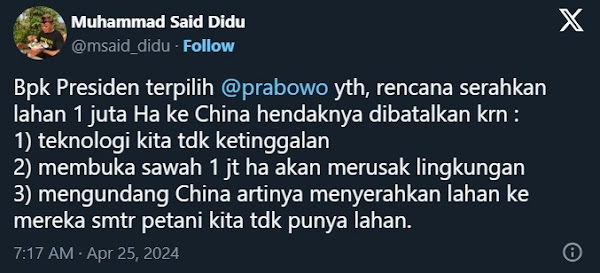 Menteri Koordinator Bidang Kemaritiman dan Investasi Luhut Binsar Pandjaitan mengungkapka Pemerintah Siapkan 1 Juta Hektar Lahan untuk Investor China, Ini Kata Pakar ITB