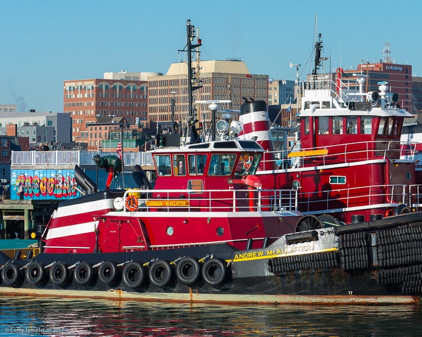 Portland, Maine USA October 2017 photo by Corey Templeton. Tugboats Andrew & Roderick McAllister docked at the end of the Maine State Pier.