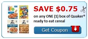 $0.75 on any ONE (1) box of Quaker® ready to eat cereal