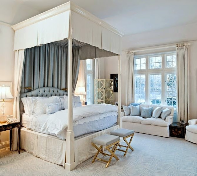 beautiful design large traditional master bedroom fabric canopy bed blue and whit gold accents