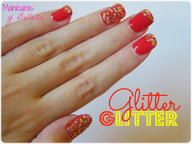 Manicura roja con glitter dorado y rojo de Yes Love nails nail art manicure uñas