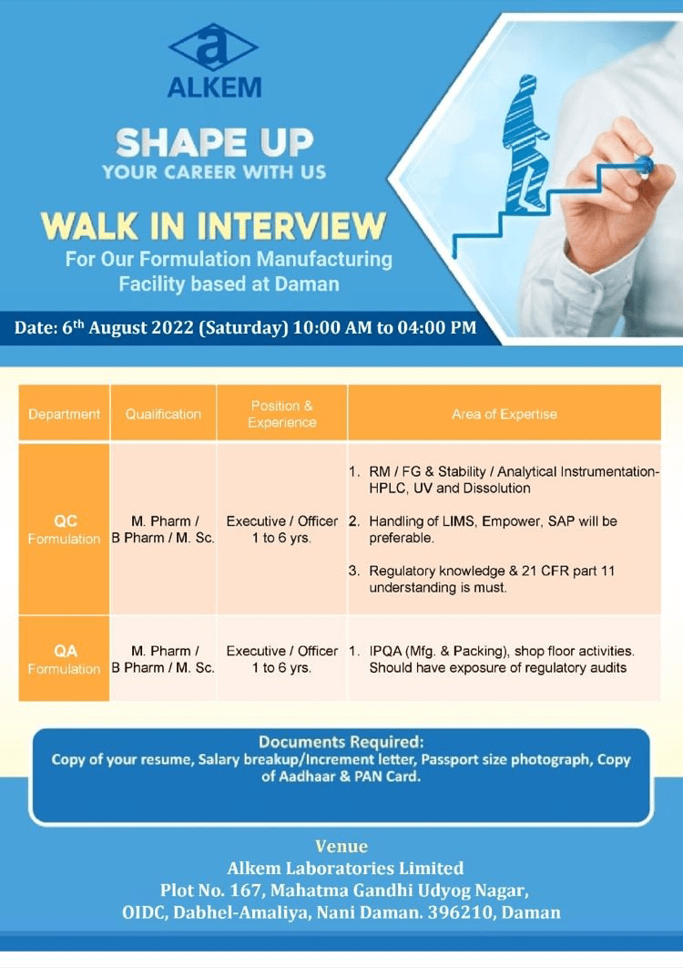 Job Available's for Alkem Laboratories Ltd Walk-In Interview for M Pharm/ B Pharm/MSc