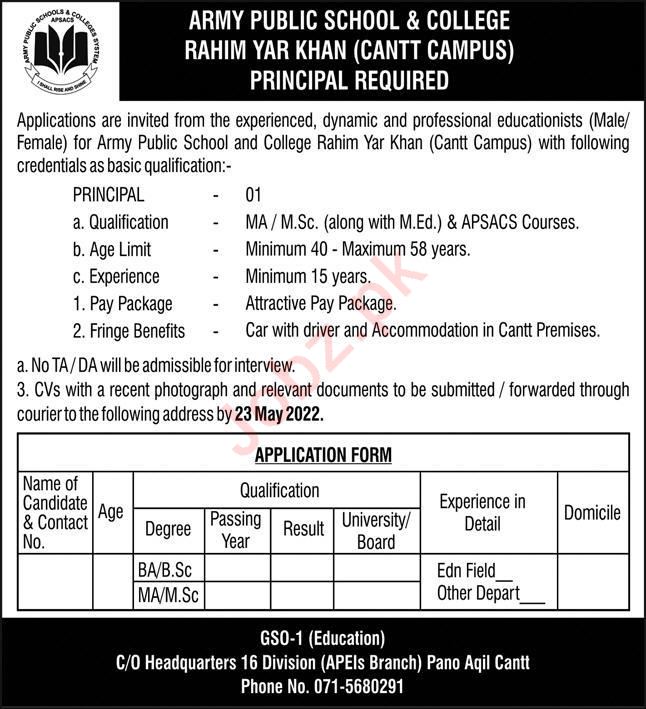 Latest Army Public School & College Education Posts Rahim Yar Khan 2022