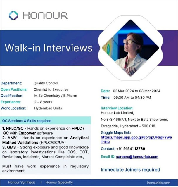 Honour Walk In Interview For Quality Control Department