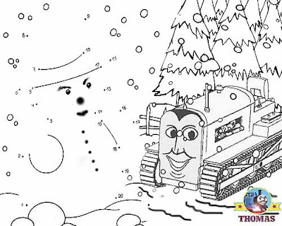 Free kindergarten connect the dots game for childrens education with Thomas Terence and the snow man