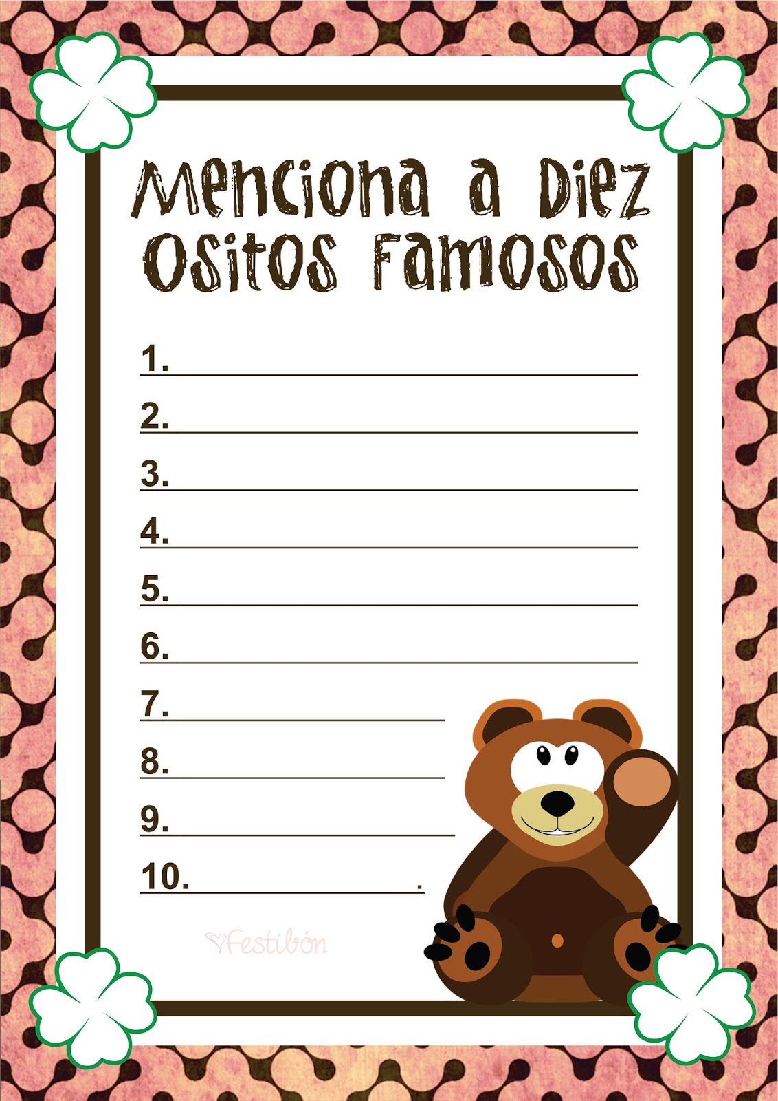 Menciona Diez Ositos Famosos | Juegos de Baby Shower