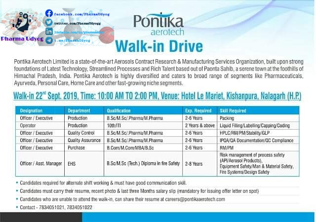 Pontika aerotech | Walk-in interview at Nalagarh on 22 Sept 2019 | Pharma Jobs