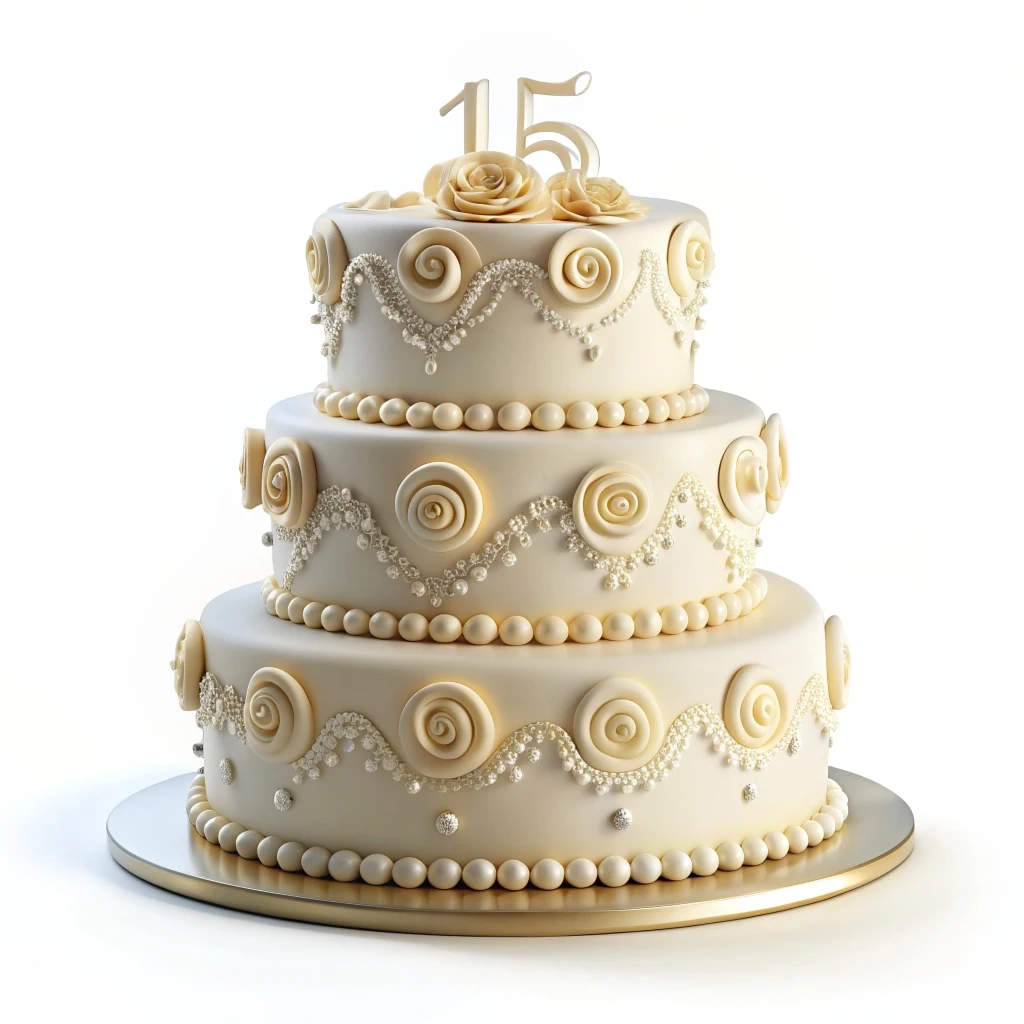  Pastel de aniversario de bodas de 15 años en color blanco decorado con rosas y perlas 