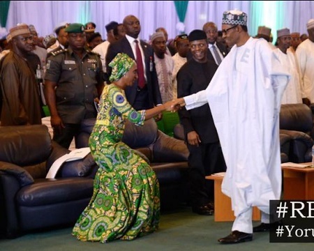 See How Vice President Osinbajo's Wife Was Spotted Greeting Buhari and Tinubu in Abuja (Photos)