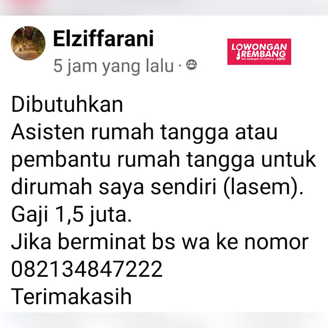 Lowongan Kerja Pegawai Asisten Rumah Tangga Area Soditan Lasem Rembang